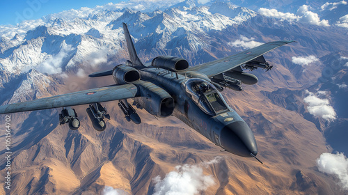 A fighter jet is flying over a mountain range photo