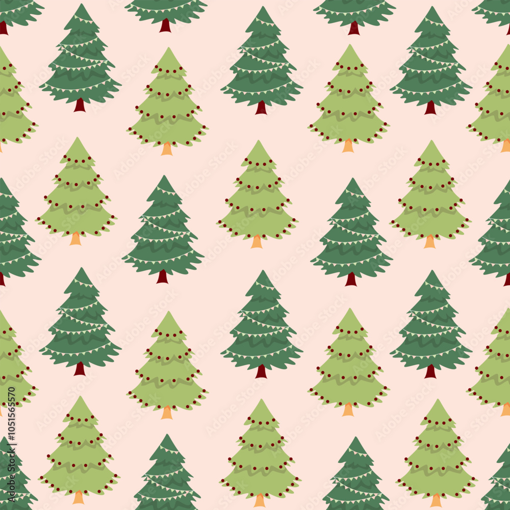 Fototapeta premium Christmas cute winter vector seamless pattern with Christmas trees with decorations. Happy New Year background. For print, menu, wrapping paper, wallpaper, packaging, banner, poster, header