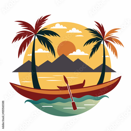 Canoe on river with palm tree silhouette vector illustration on white background