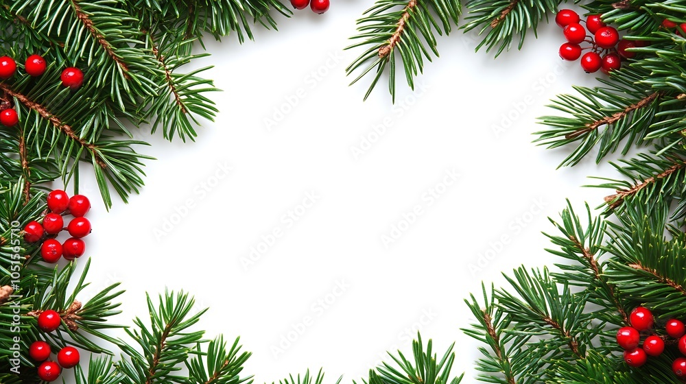 A festive frame of evergreen branches and red berries against a white background. A festive frame of evergreen branches and red berries against a white background.