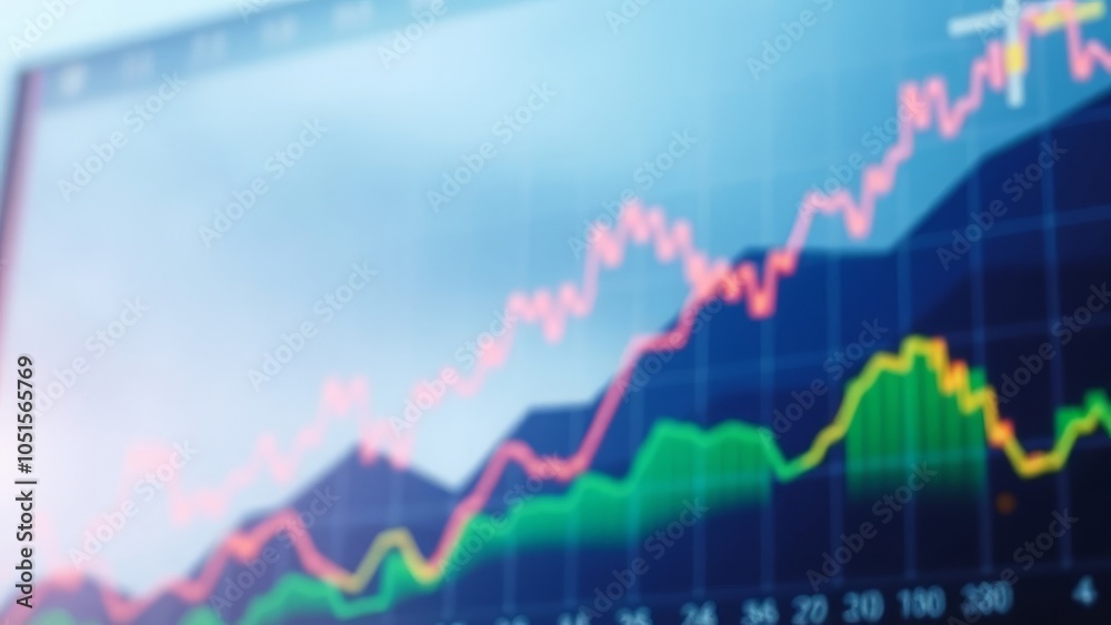 Blurry financial chart with rising graphs and colorful data lines. Business growth concept Blurry financial chart with rising graphs and colorful data lines. Business growth concept