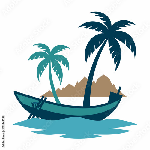 Canoe on river with palm tree silhouette vector illustration on white background