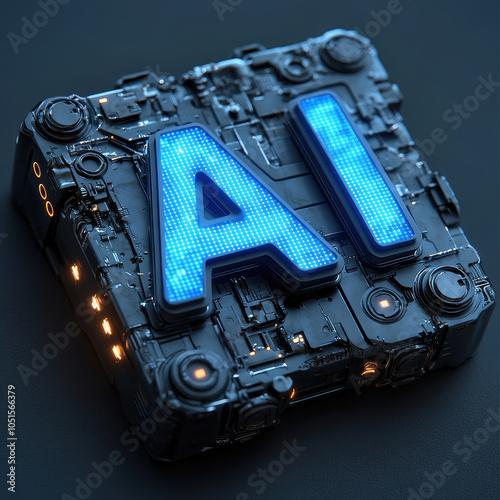 A futuristic AI module with glowing blue letters set in a high-tech circuit board. The intricate circuitry and neon lights emphasize advanced technology, representing the core of artificial intelligen photo