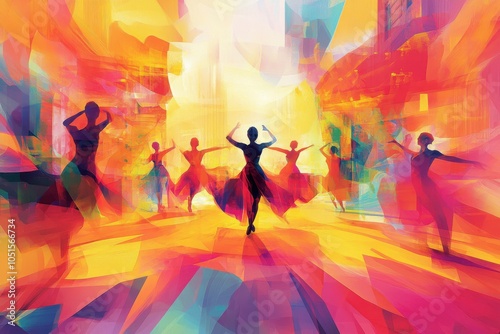 Vibrant abstract dancers in a colorful dance studio setting