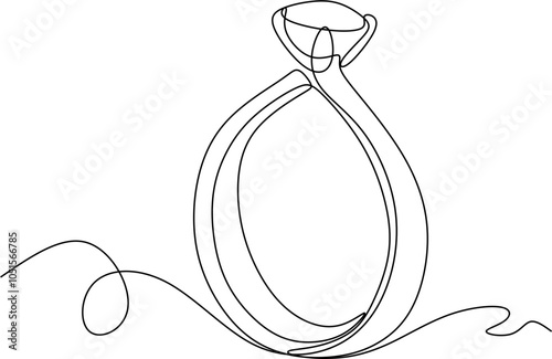 Wedding ring with diamond. Continuous line drawing of diamond wedding ring on white background. Proposition of love for marriage. Image of wedding gold ring.