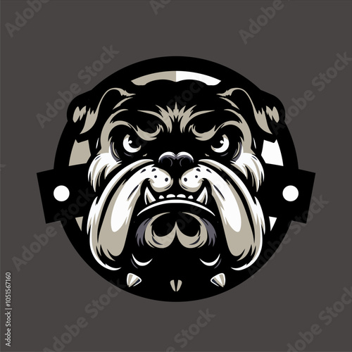 a vector design of the head of a Silver Bulldog, in front of a grey shield. Can be used for business logos, kennel or other businesses.