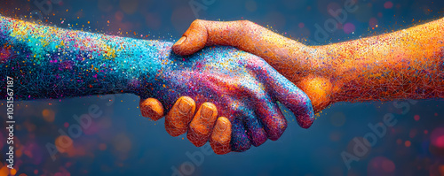 Two Hands Shake in Unity with Colorful Abstract Design