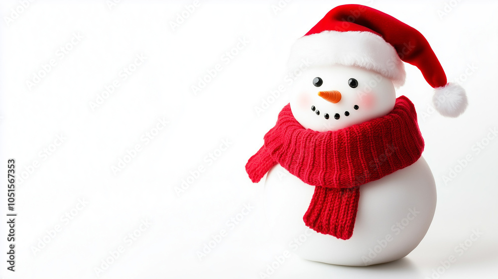 One snowman with red scarf and Santa hat on white background.Copy space. One snowman with red scarf and Santa hat on white background.Copy space.