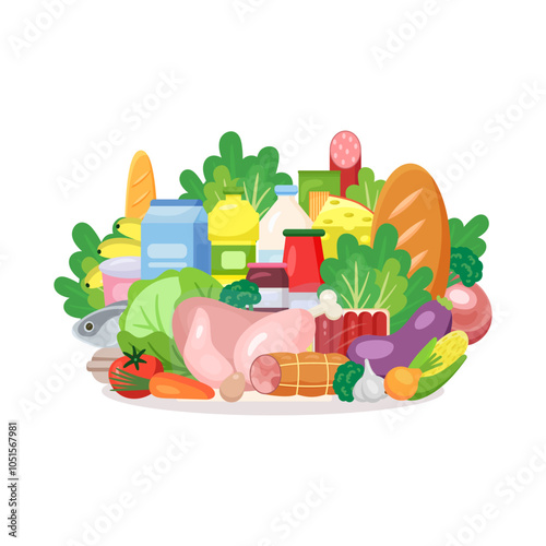 Fresh Food - different food and beverage products - market basket, commodity bundle, grocery shopping. Vector illustration in flat style