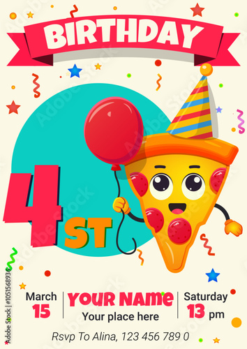Children's birthday invitation card with cute cartoon pizza character. Vector illustration. 4 st