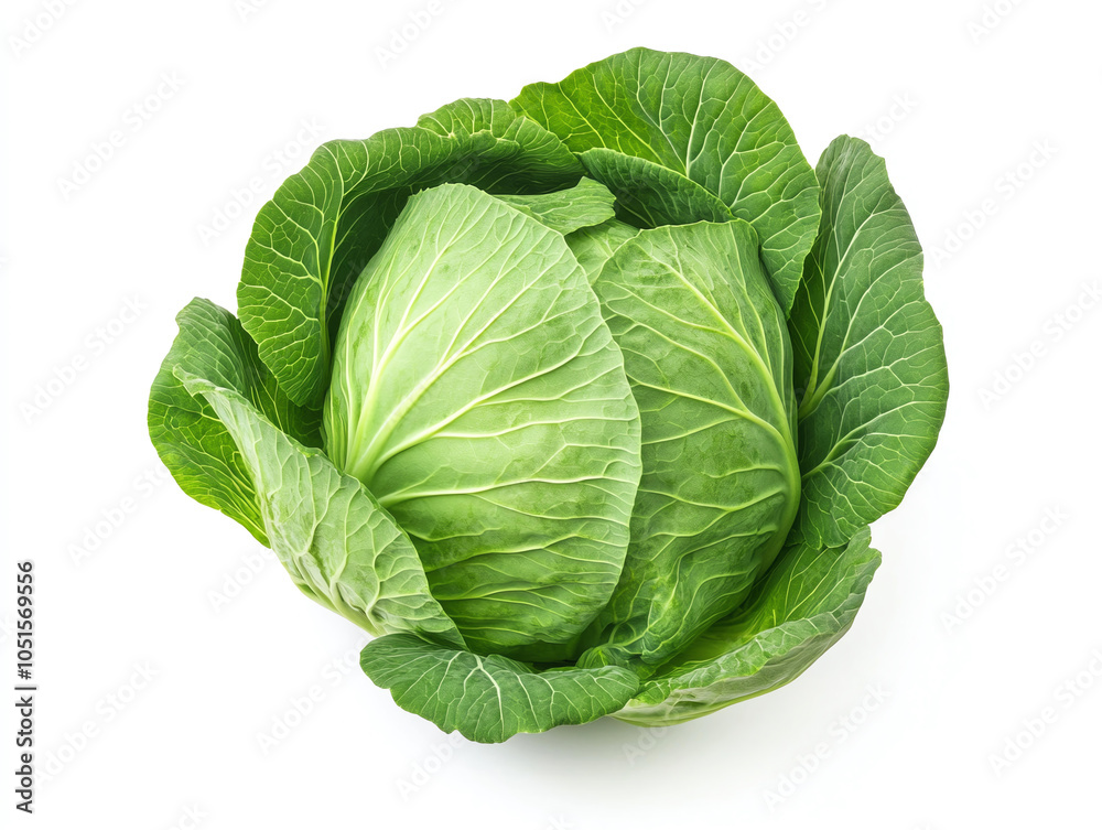 Fototapeta premium Fresh green cabbage with vibrant leaves on white background, showcasing its organic texture and natural beauty. Perfect for healthy meals and salads