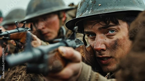Close-Up of World War I Soldier in Battle Trenches - Dramatic Cinematic Combat