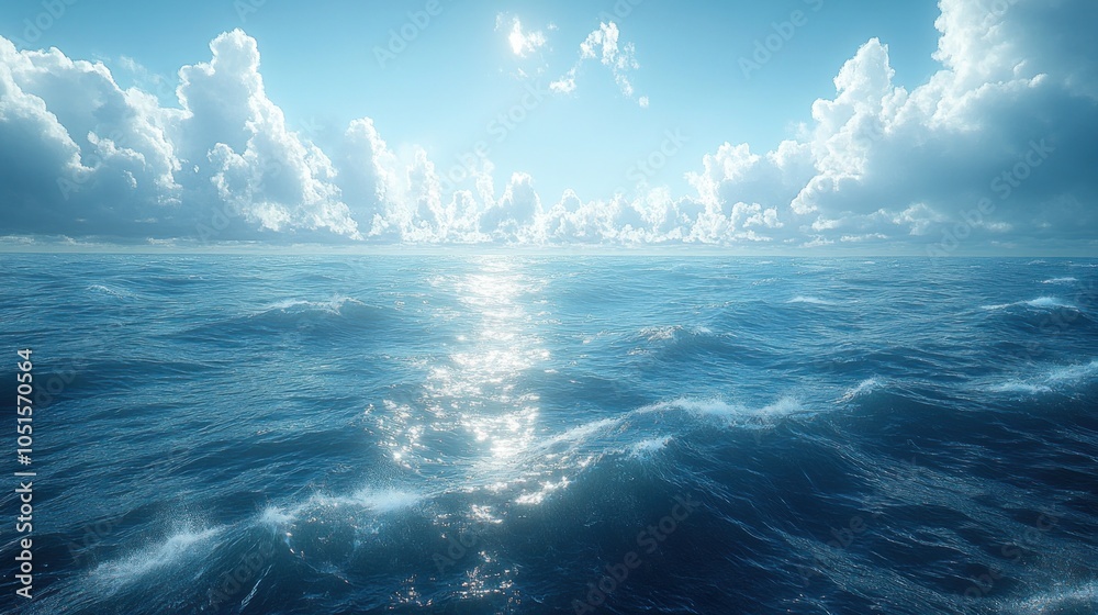 Fototapeta premium Serene ocean view with bright sky and fluffy clouds.