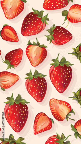 Seamless strawberry pattern. Vector summer background with red berries