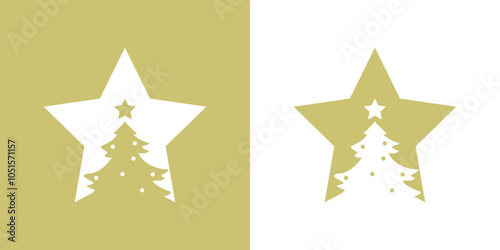 Tiempo de Navidad. Logo con silueta de estrella con árbol de navidad tipo pino o abeto en espacio negativo para tarjetas y felicitaciones