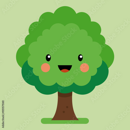 Smiling Cartoon Tree with Green Leaves and Brown Trunk