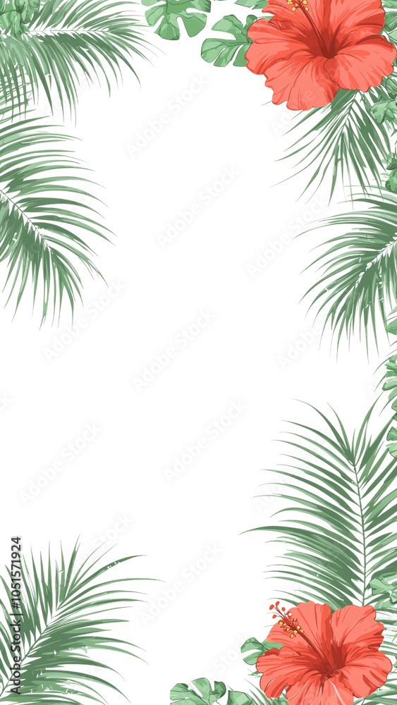 Tropical Floral Frame with Hibiscus and Palm Leaves Tropical Floral Frame with Hibiscus and Palm Leaves