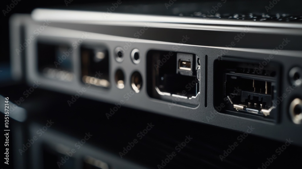 A close-up shot of the external hard drive's ports, highlighting the details and connectors, with the drive body softly blurred behind. A close-up shot of the external hard drive's ports, highlighting the details and connectors, with the drive body softly blurred behind.