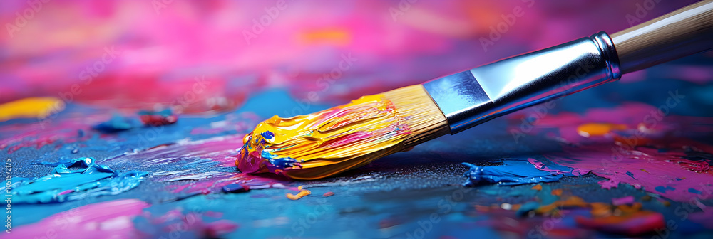 Fototapeta premium Paintbrush Creates Colorful Strokes on Canvas with Vibrant Artistic Expression