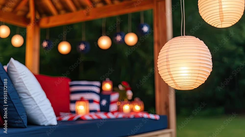 Fototapeta premium Cozy outdoor gazebo with lanterns and comfortable cushions at twilight.