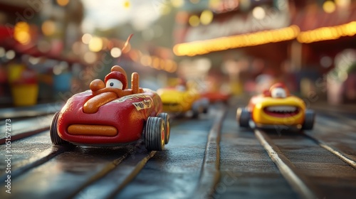 Hot dog racing on tiny wheels, competing with other playful food items in a whimsical race.