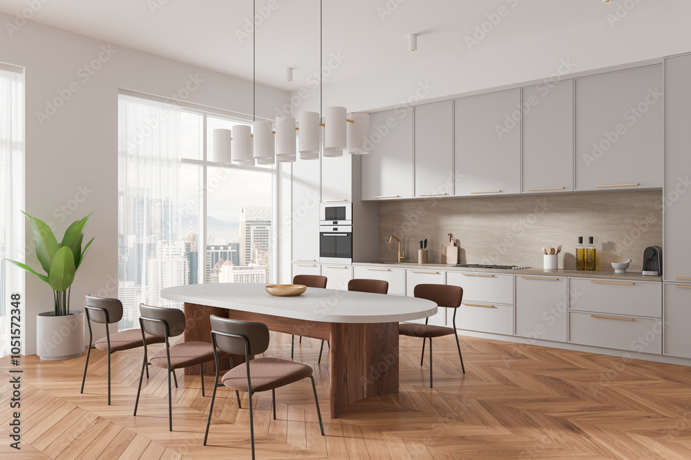 Fototapeta premium Modern kitchen interior with large windows and dining area. 3D Rendering