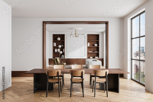 Home living room interior with rest and eating zone, window and mockup frame