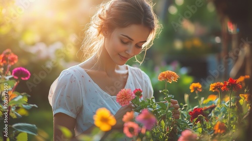 Housewife tending to vibrant flowers in a sunny garden.