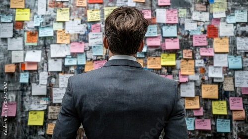 Rear back view of an entrepreneur studying a bulletin board with vision statements, business goals, and financial targets, refining the long-term strategy and growth plans for business development.