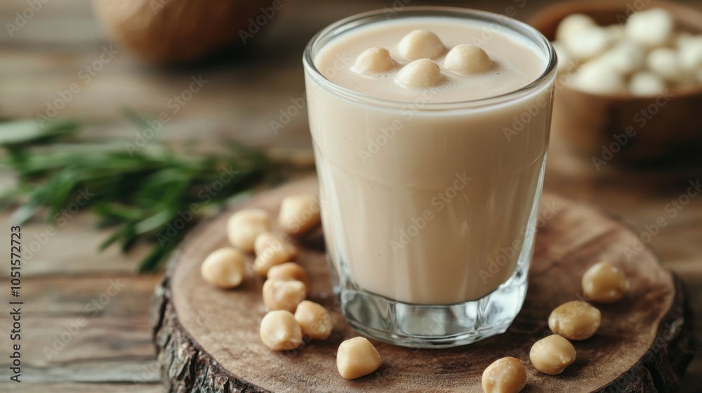 Macadamia milk, a luxurious vegan beverage, promoting a healthy, nut-based protein for breakfast, served in a glass, perfect for those seeking an organic, plant-based lifestyle. Macadamia milk, a luxurious vegan beverage, promoting a healthy, nut-based protein for breakfast, served in a glass, perfect for those seeking an organic, plant-based lifestyle.