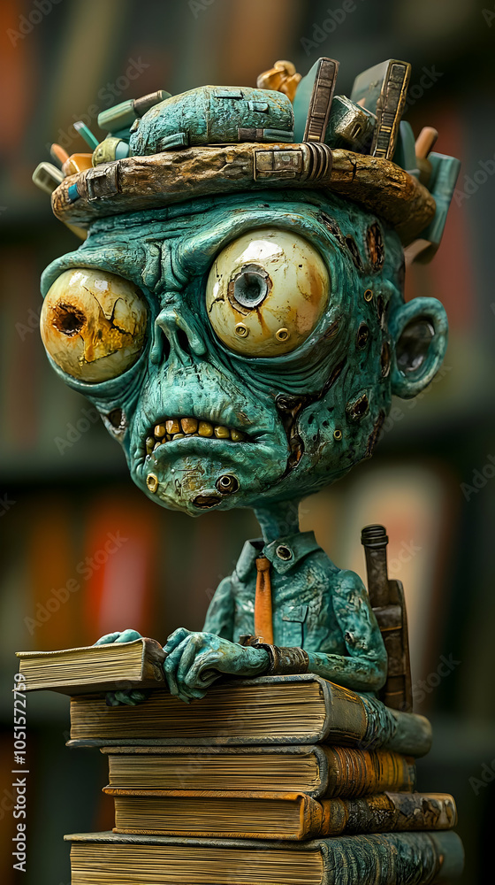 Obraz premium Whimsical and Weathered Bookworm Sculpture Rests Upon a Stack of Books