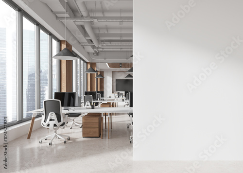 Modern office with blank wall for mockup template. 3D Rendering