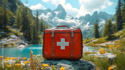 First aid kit with an outside scene in the background