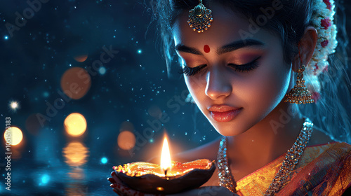 young woman holds traditional oil lamp during festive celebration, radiating warmth and joy. scene is illuminated by soft lights, creating serene atmosphere photo