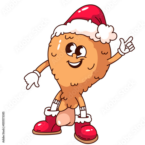 Groovy dance of chicken drumstick cartoon character. Funny retro crispy snack in red Santa hat dancing. Christmas fast food mascot, cartoon chicken leg sticker of 70s 80s style vector illustration
