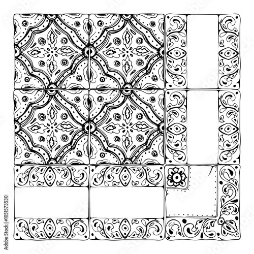 Mexican Arabic Mediterranean Moroccan mosaic motif, azulejo wall floor glazed ornament. Isolated set of tiles plate. Hand drawn ink vector illustration. Design architecture, brochure, home decor