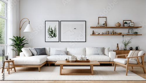 scandinavian style living room with white couch and wooden shelfs  photo