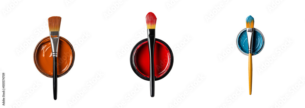 A collection of paintbrushes with orange, red, and blue paint isolated on a transparent background, symbolizing creativity and art A collection of paintbrushes with orange, red, and blue paint isolated on a transparent background, symbolizing creativity and art