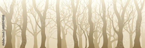 Forest in fog, trees without leaves, sepia tones, natural background, banner