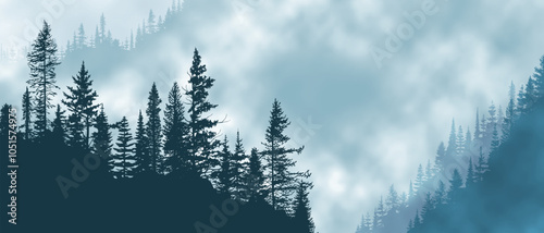 Forest and mountain taiga in morning fog, panoramic view, vector illustration