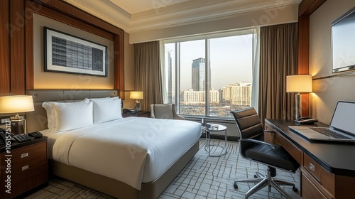 Inviting workspace in a hotel room, with a sleek desk, comfortable chair, and a laptop set against a bright window.