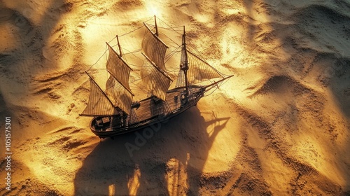 Aerial view of a model sailing ship on a sandy surface, sunlight casting long shadows, concept of adventure and travel, antique craftsmanship