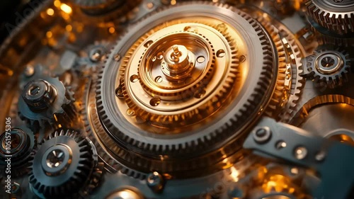 Closeup of intricate gold gears interlocked and moving together, generative ai