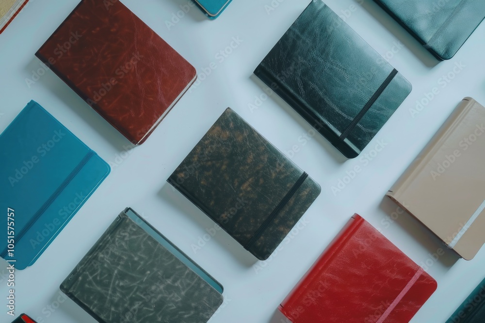 Fototapeta premium A collection of notebooks placed on a table, great for office or study settings