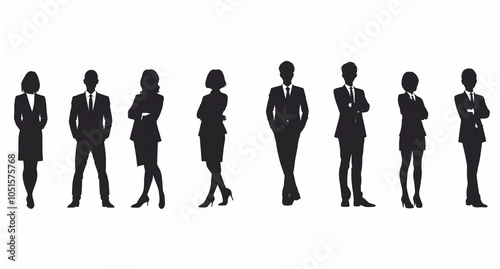 Silhouettes of business people in black vector on a white background, full-body shots, simple shapes, vector illustration