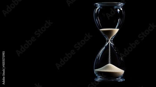 Close-up of an hourglass with sand halfway through, dramatic lighting, clear glass against a black background, abstract passage of time, high clarity