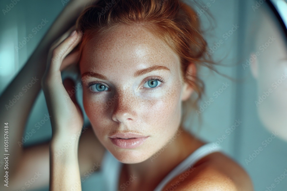 Fototapeta premium A woman with freckles admires her reflection in a mirror