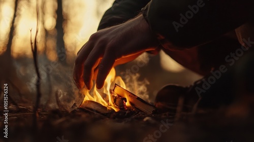 A low-angle view of someone using kindling to start a fire, with the background softly blurred for action.