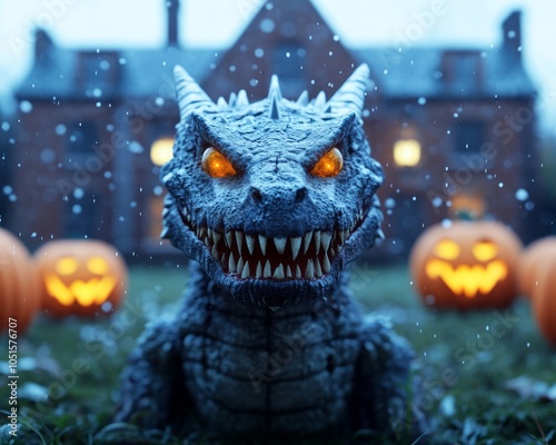 A menacing dragon sculpture in a snowy yard with glowing pumpkins. photo