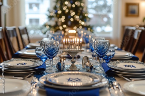 Decorated Hanukkah Table: A beautifully set table ready for a Hanukkah dinner, featuring blue and silver decorations, a menorah at the center, and place settings with traditional Jewish symbols like t photo